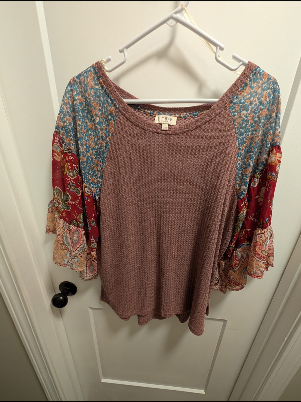 Umgee Mauve Waffle Knit Tunic with Mixed-Print Bell Sleeves